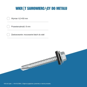 Wkręt samowiercący do metalu 6,3x50 mm, przewiercalność 6 mm, EPDM, 100 szt. – ocynk bez lakieru